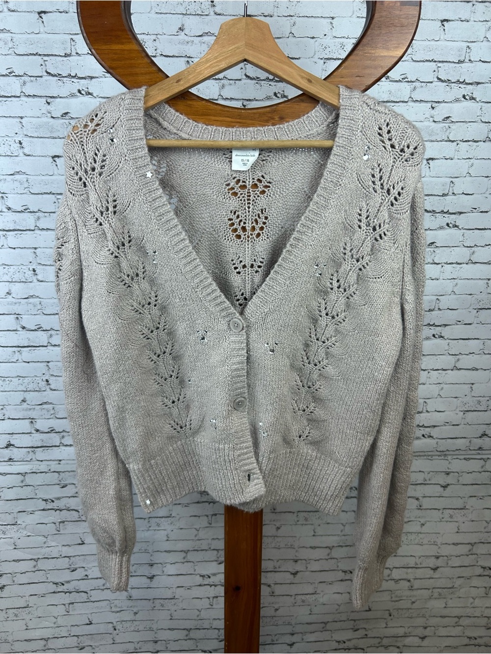 Abercrombie Kids Light Beige Open-Knit V-Neck Cardigan Sweater 15/16, Woman XS